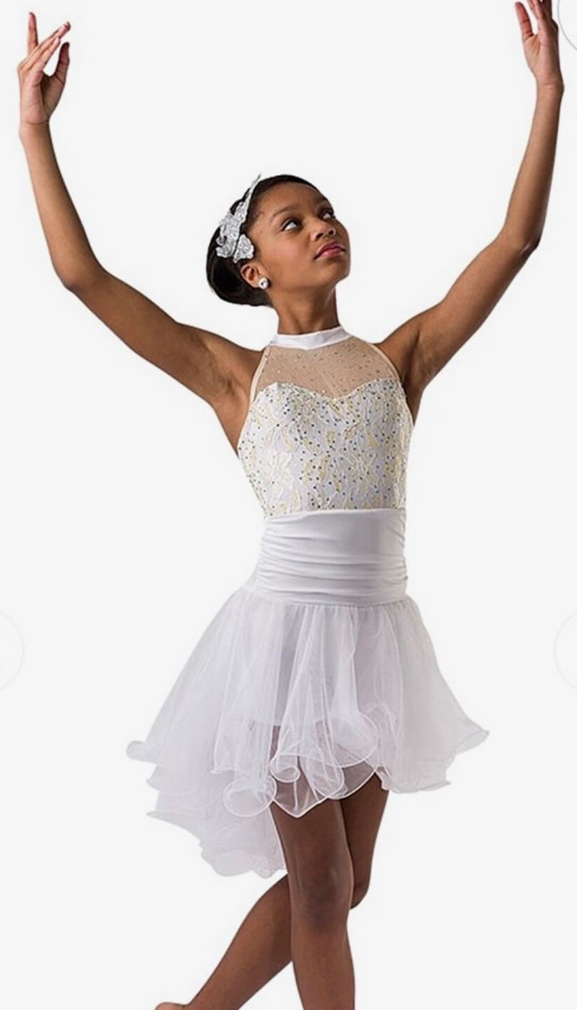 front view of White Sparkle Halter Chiffon Skating Dress