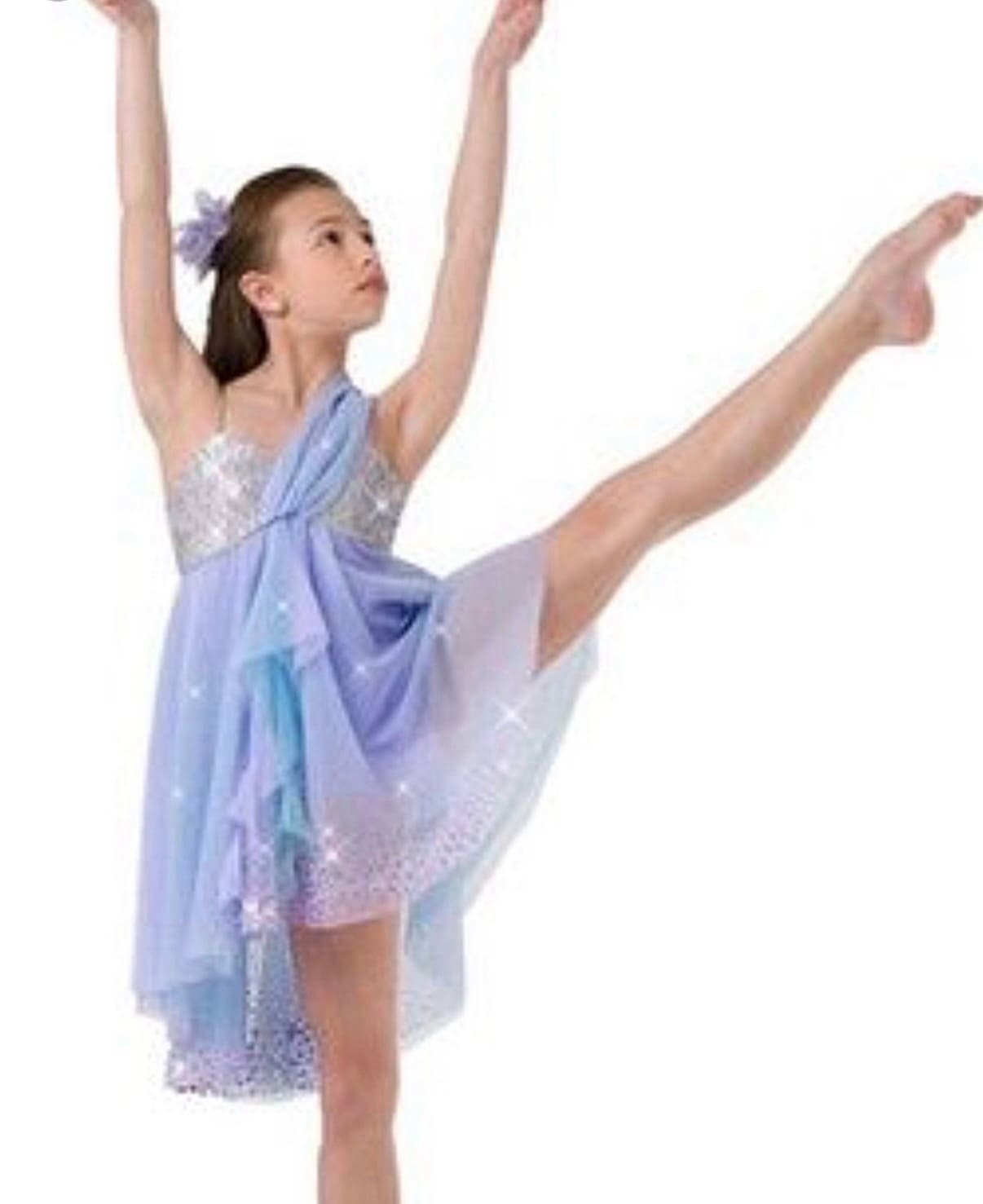 front view of Soft Blue Lavender Chiffon Lyrical Skating Dress