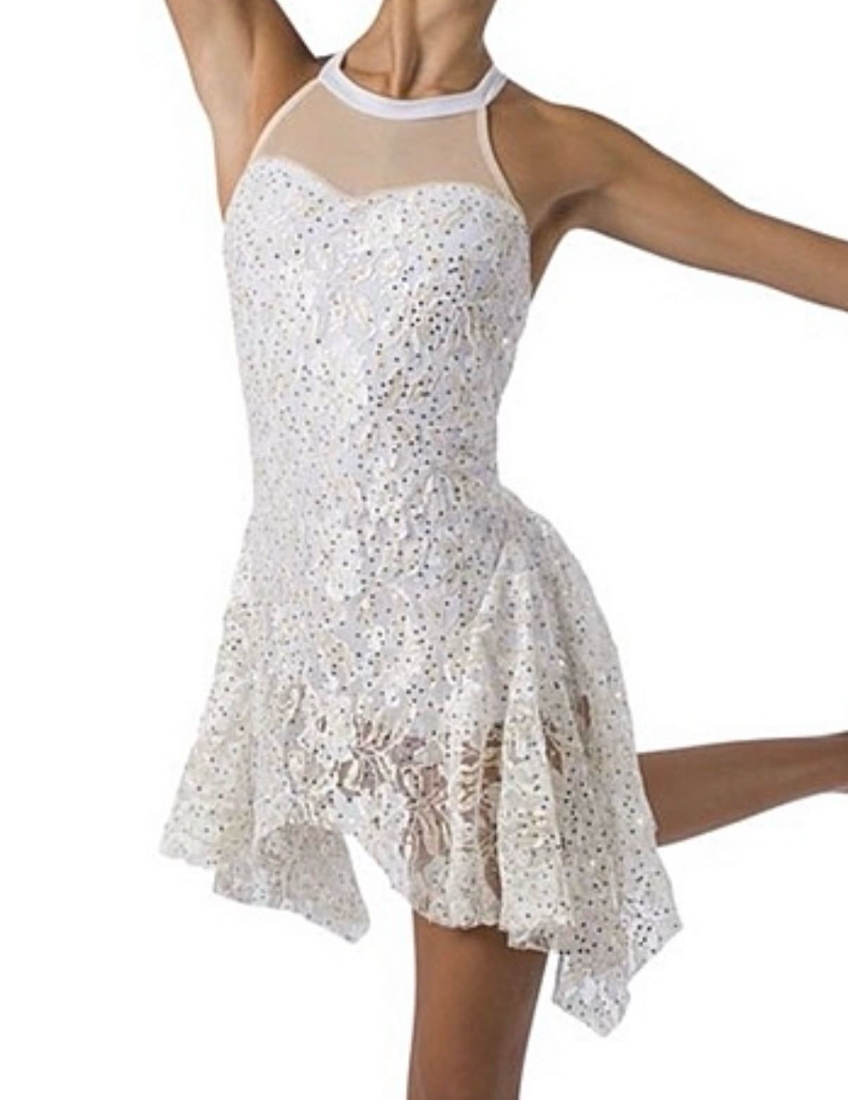 front view of White Lace Halter Lyrical Skating Dress