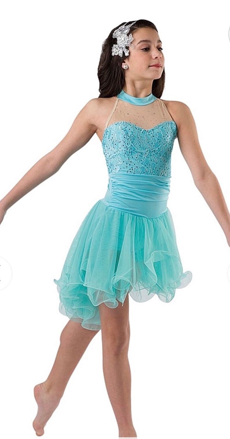 front view of Aqua Sparkle Halter Chiffon Skating Dress