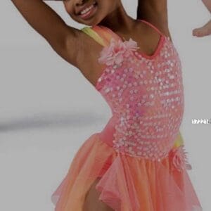 front view of Coral Sunset Sequin Chiffon Skating Dress