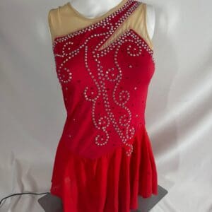 front view of Red and Nude Asymmetrical Rhinestone Figure Skating Dress