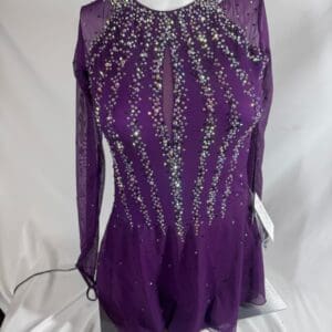 front view of Purple Rhinestone High Neck Long Sleeve Skating Dress