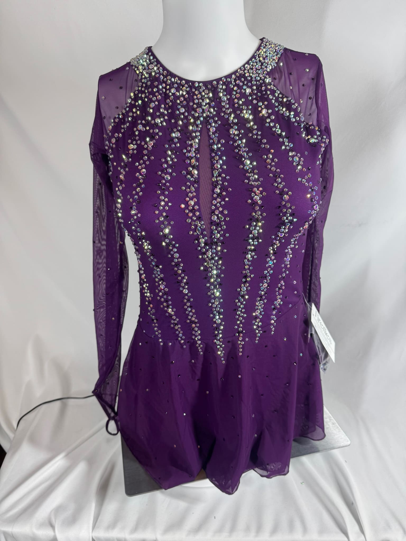 front view of Purple Rhinestone High Neck Long Sleeve Skating Dress