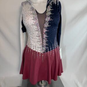 front view of Navy White and Mauve Unique Rhinestone Figure Skating Dress