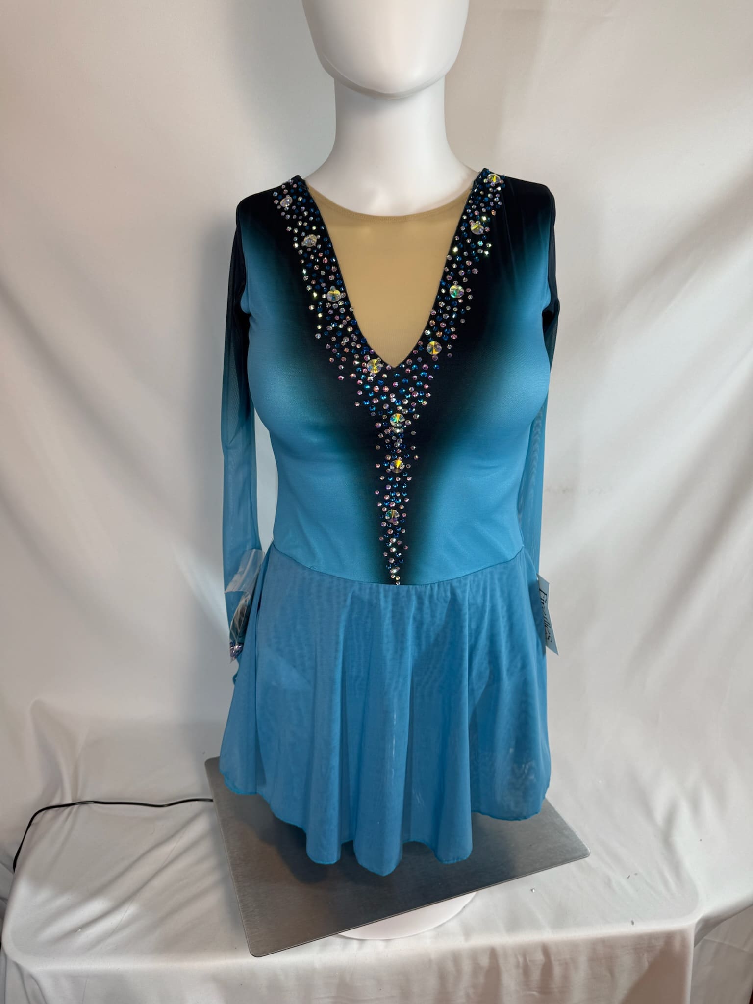 front view of Aqua Rhinestone Strappy Back Skating Dress