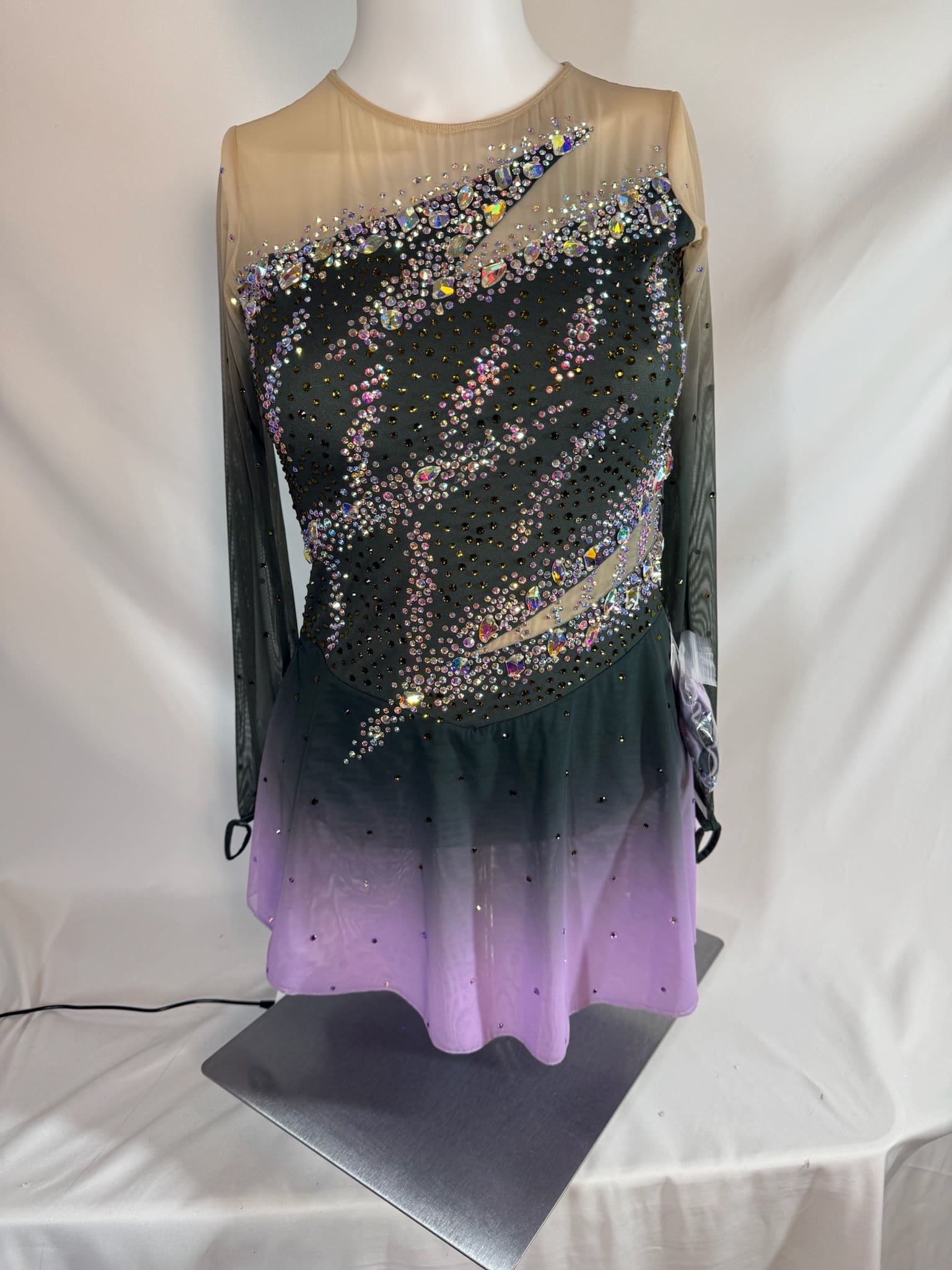 front view of Lavender Rhinestone Asymmetrical Figure Skating Dress