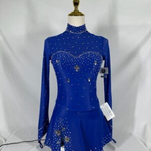 front view of Royal Blue High Neck Rhinestone Long Sleeve Skating Dress