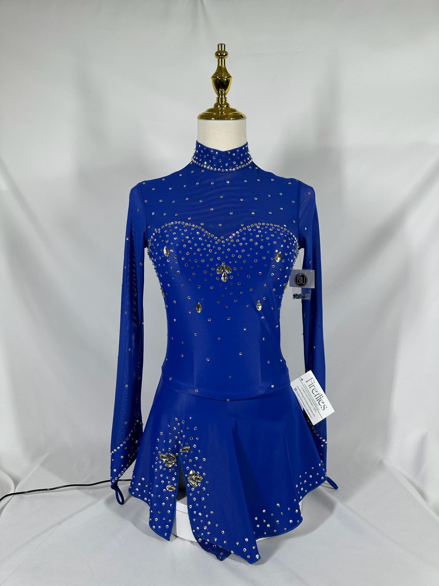front view of Royal Blue High Neck Rhinestone Long Sleeve Skating Dress