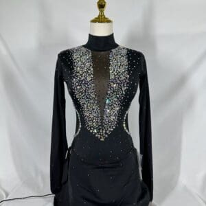 front view of Black Rainbow Crystal Illusion Figure Skating Dress