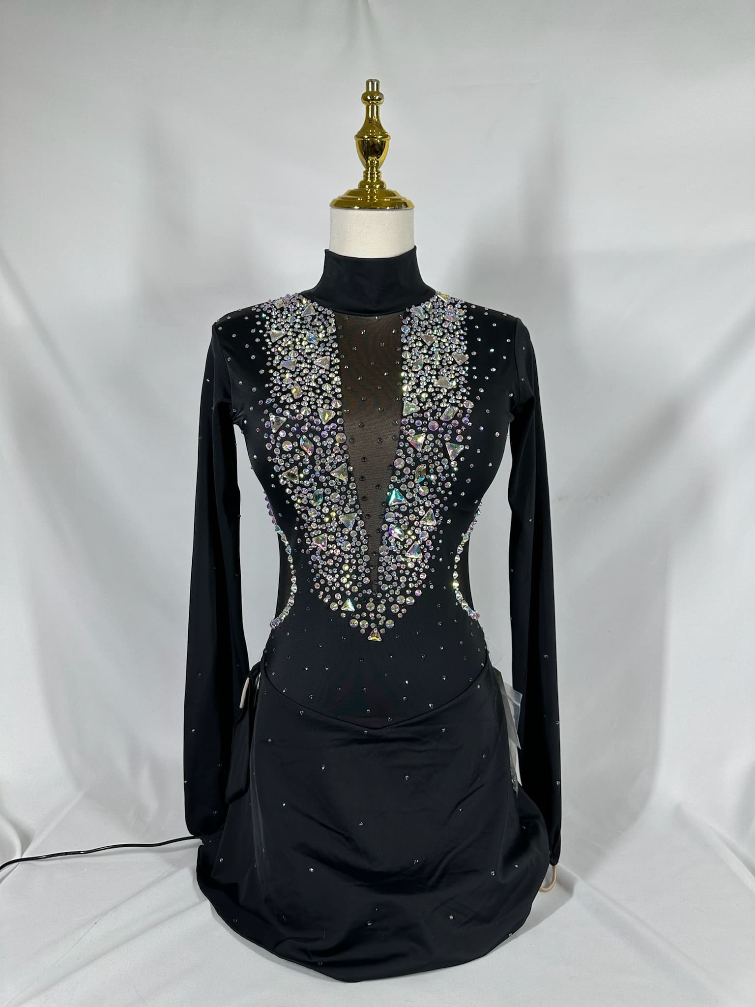 front view of Black Rainbow Crystal Illusion Figure Skating Dress