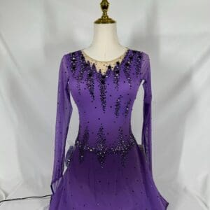 front view of Purple Long Sleeve Rhinestone Keyhole Figure Skating Dress