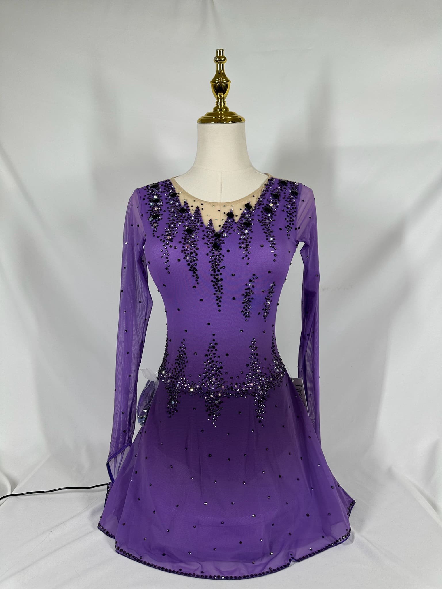 front view of Purple Long Sleeve Rhinestone Keyhole Figure Skating Dress