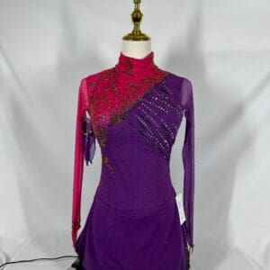 front view of Purple and Fuchsia High Neck Rhinestone Figure Skating Dress