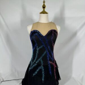 front view of Black And Nude Rhinestone Sleeveless Skating Dress