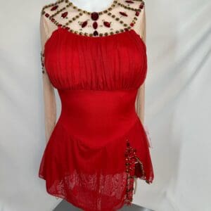 front view of Red And Nude Rhinestone Long Sleeve Skating Dress