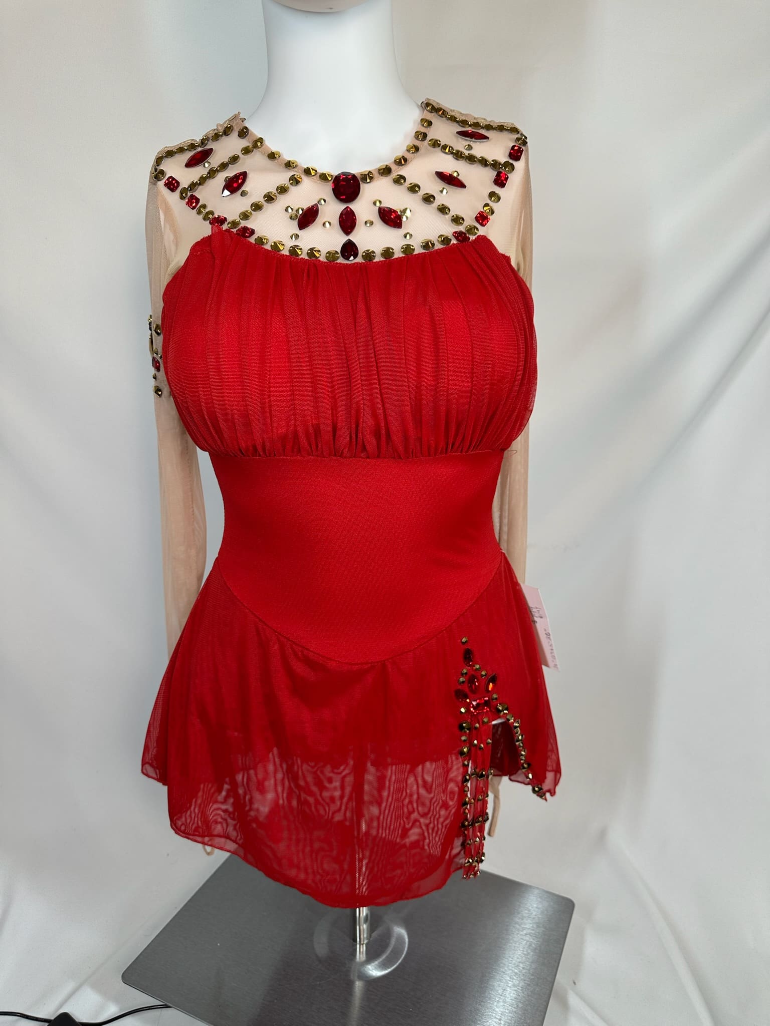 front view of Red And Nude Rhinestone Long Sleeve Skating Dress