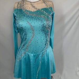 front view of Aqua Rhinestone Illusion Mesh Skating Dress