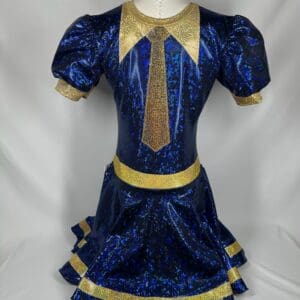 front view of Royal Blue Gold Uniform-Inspired Skating Dress