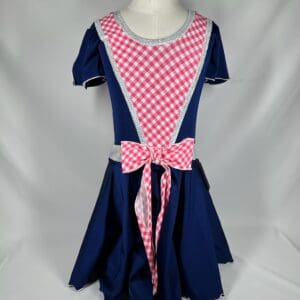 front view of Country Gingham Navy Pink Bow Skating Dress