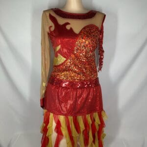 front view of Fiery Red Orange Gold Asymmetrical Figure Skating Dress