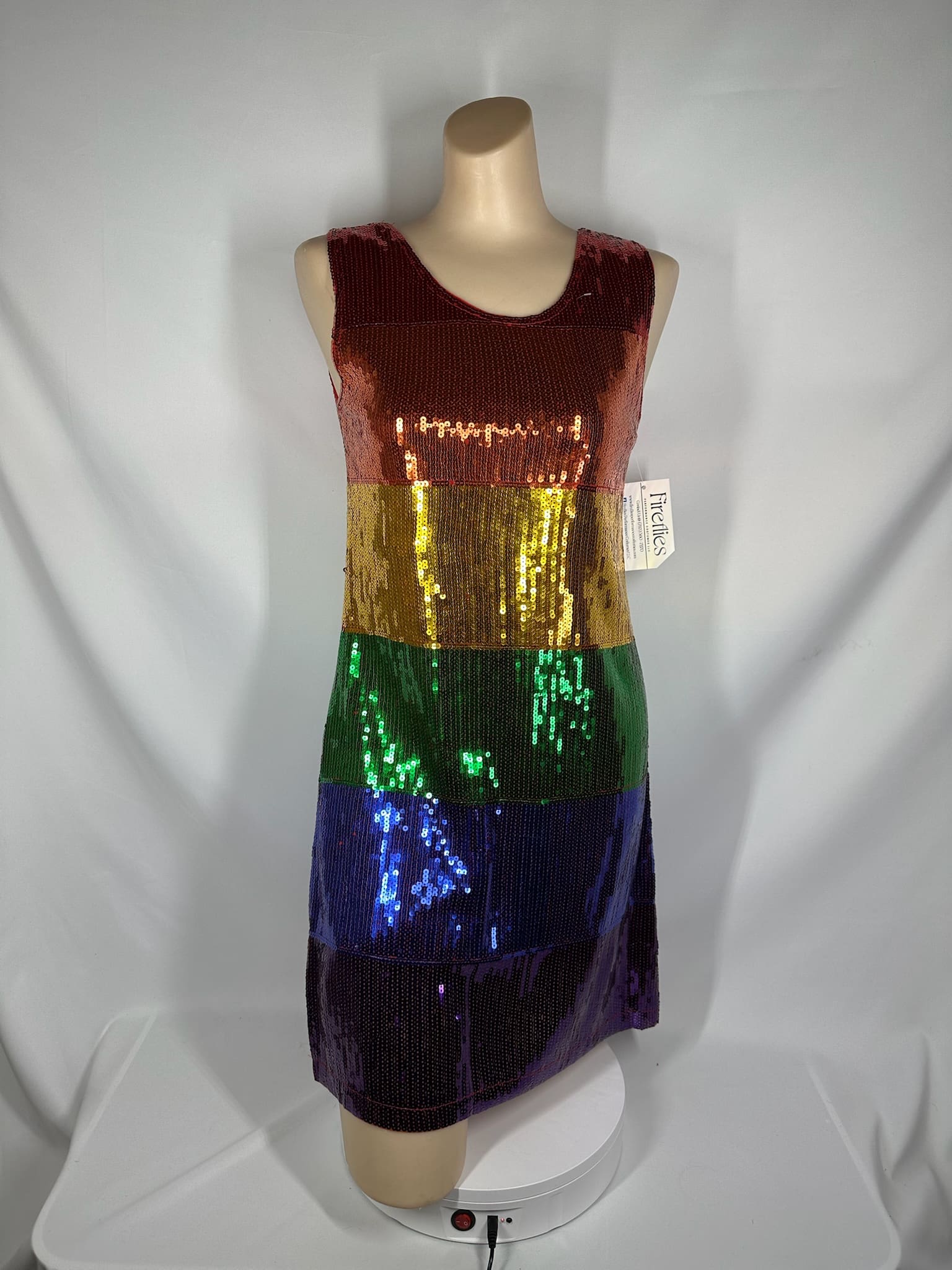 front view of Rainbow Sequin Sleeveless Shift Skating Dress