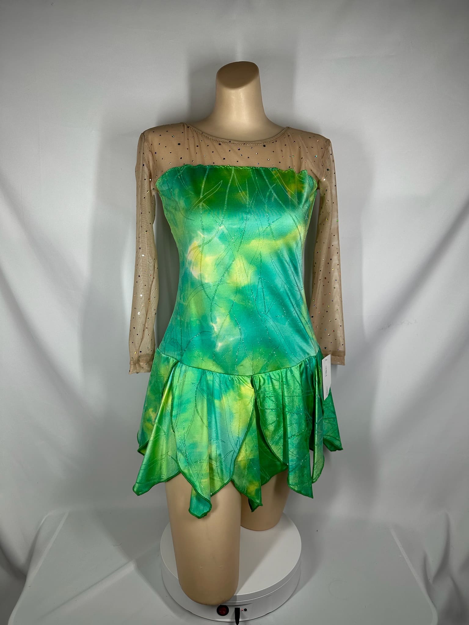 front view of Green Yellow Petal Skirt Nature Figure Skating Dress