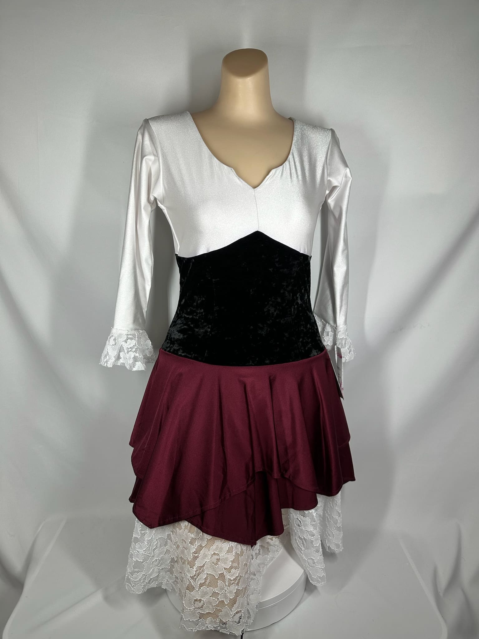 front view of Classic White Black Burgundy Lace Figure Skating Dress