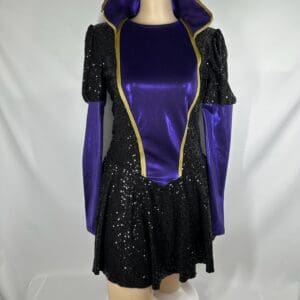 front view of Black Purple Gold Regal Sequined Figure Skating Dress