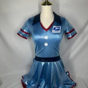front view of Blue Metallic Postal Worker Themed Figure Skating Dress