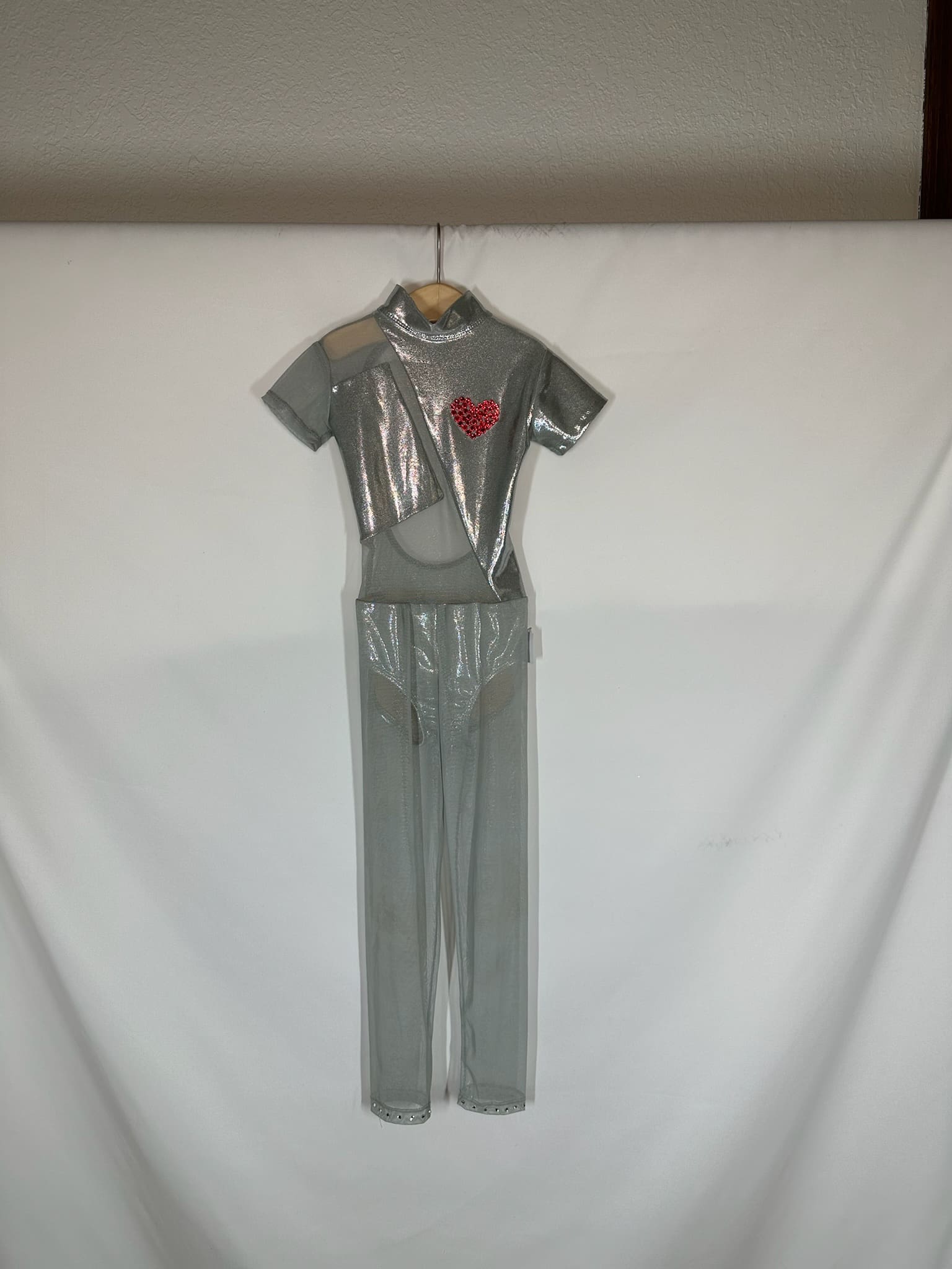 front view of Metallic Silver Heart Mesh Skating Outfit