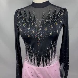 front view of Black Pink Crystal Flame Mesh Figure Skating Dress