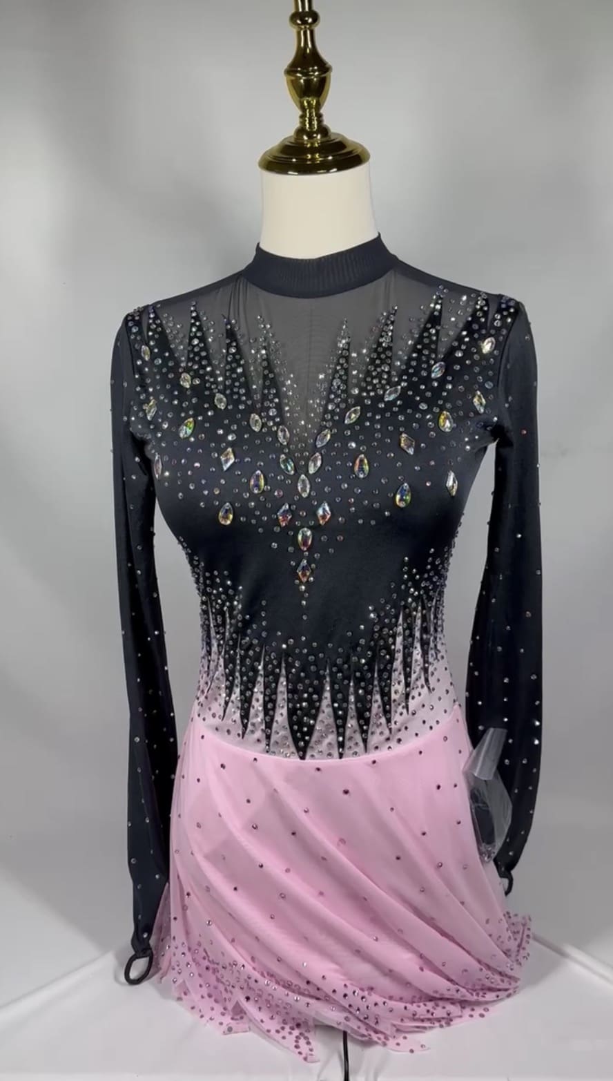 front view of Black Pink Crystal Flame Mesh Figure Skating Dress
