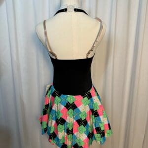 front view of Colorful Plaid Tuxedo Style Figure Skating Dress