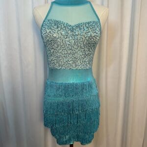 front view of Turquoise Sequin Fringe Halter Figure Skating Dress