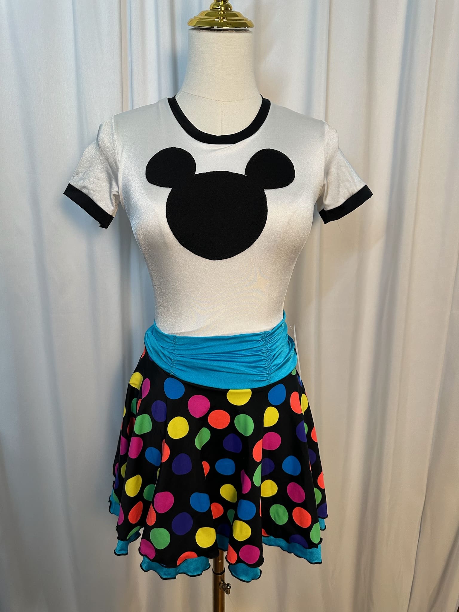 front view of White Character Inspired Polka Dot Figure Skating Dress