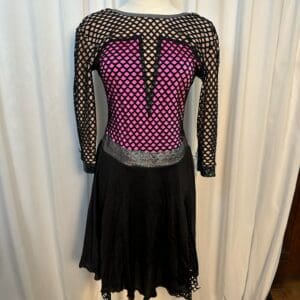 front view of Black and Hot Pink Fishnet Mesh Figure Skating Dress