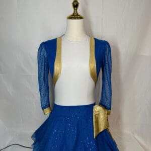 front view of Blue and Gold Sparkle Del Arbour Figure Skating Dress