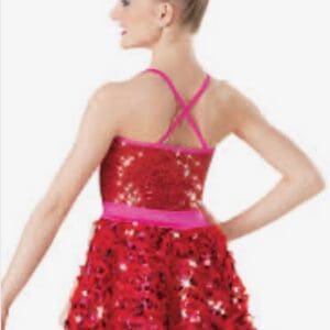 front view of Red Sequin And Pink Trim Figure Skating Dress