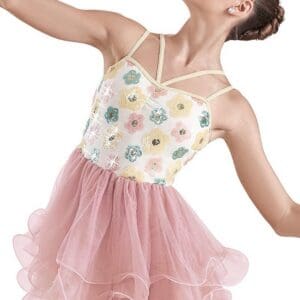 front view of Floral Cream And Pink Lyrical Skating Dress
