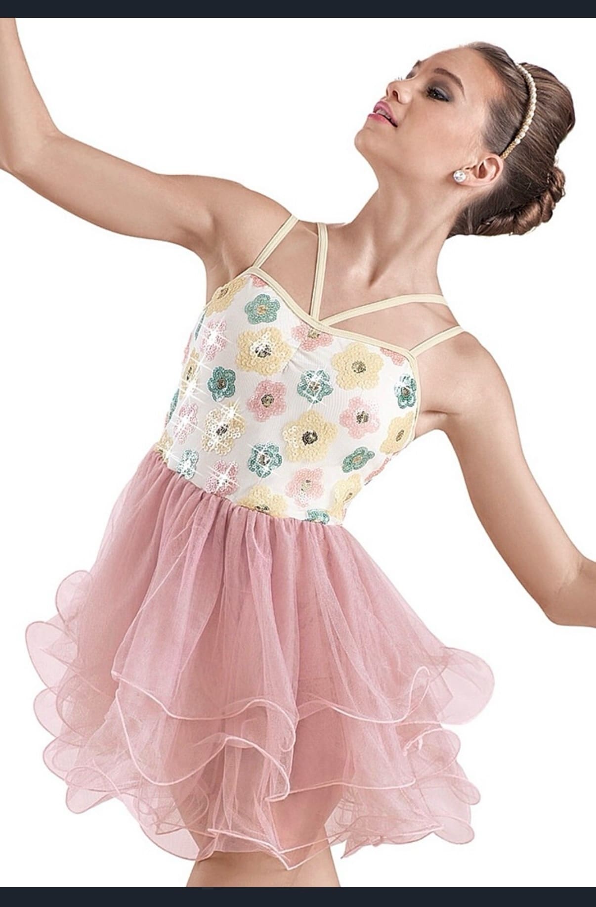 front view of Floral Cream And Pink Lyrical Skating Dress
