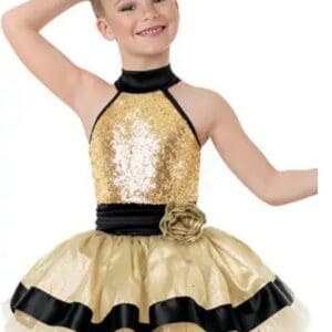 front view of Gold And Black Halter Tutu Figure Skating Dress