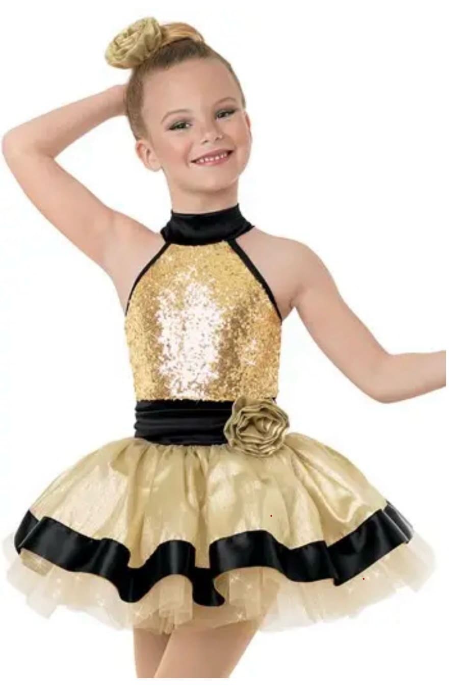 front view of Gold And Black Halter Tutu Figure Skating Dress