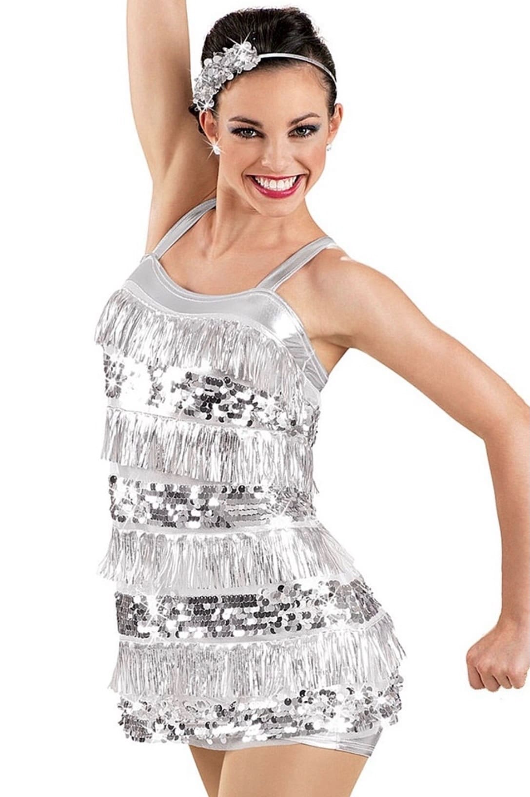 front view of Silver Fringe Flapper Figure Skating Dress