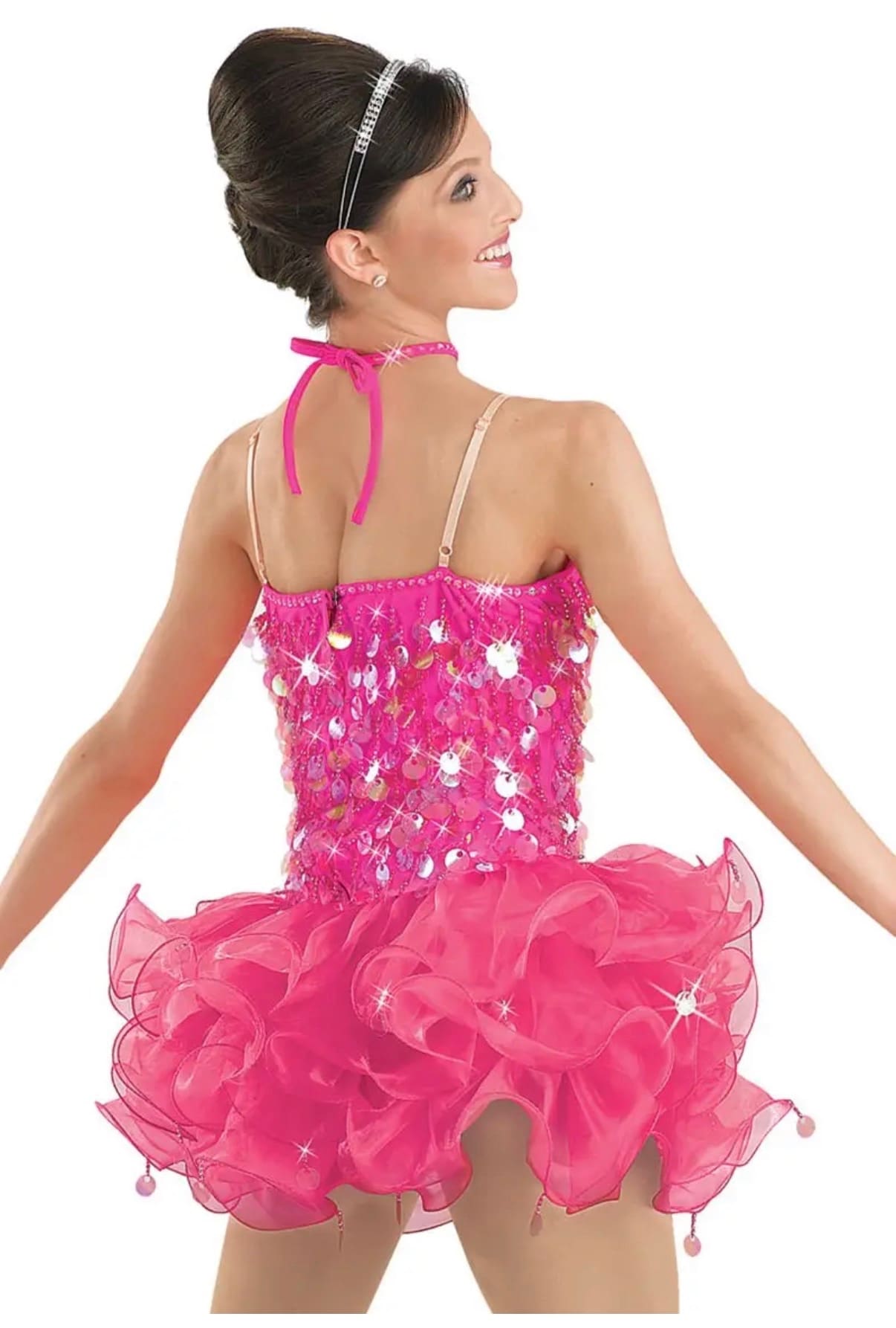 front view of Hot Pink Sequin Halter Ruffle Figure Skating Dress