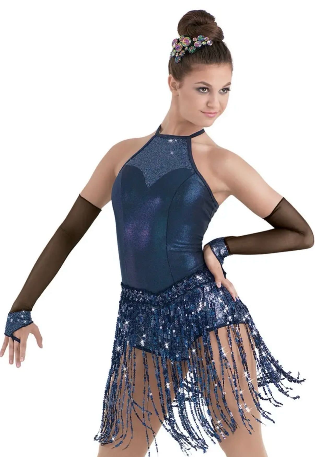 front view of Navy Blue Fringe Halter Figure Skating Dress