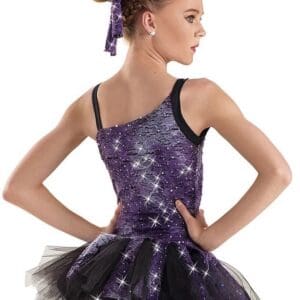 front view of Purple One-Shoulder Sparkle Figure Skating Dress