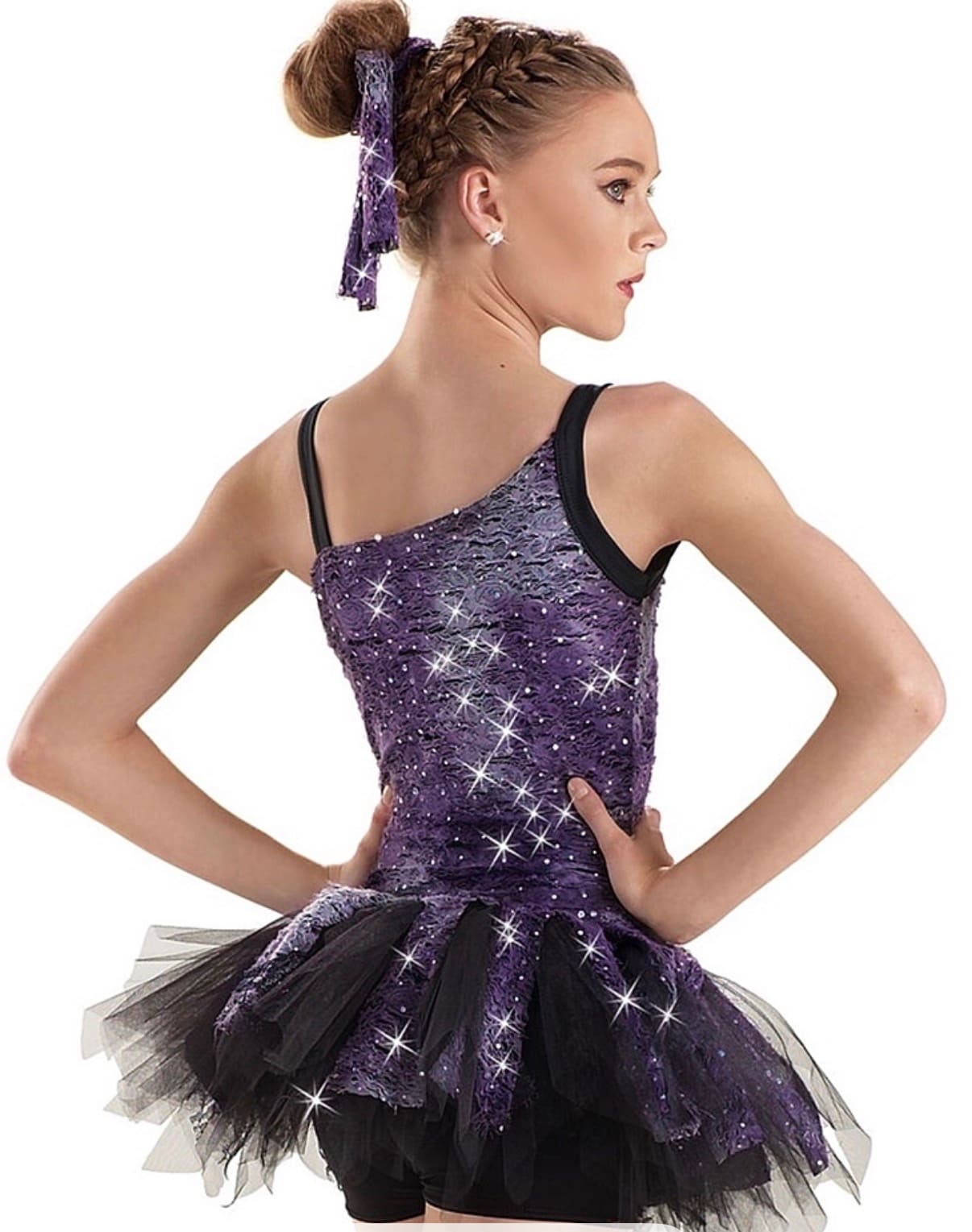 front view of Purple One-Shoulder Sparkle Figure Skating Dress