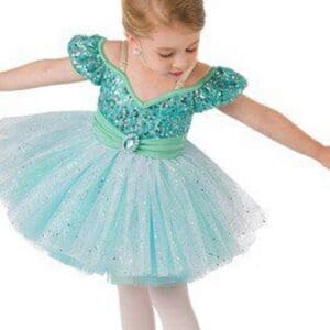 front view of Aqua Sequin Tulle Tutu Figure Skating Dress