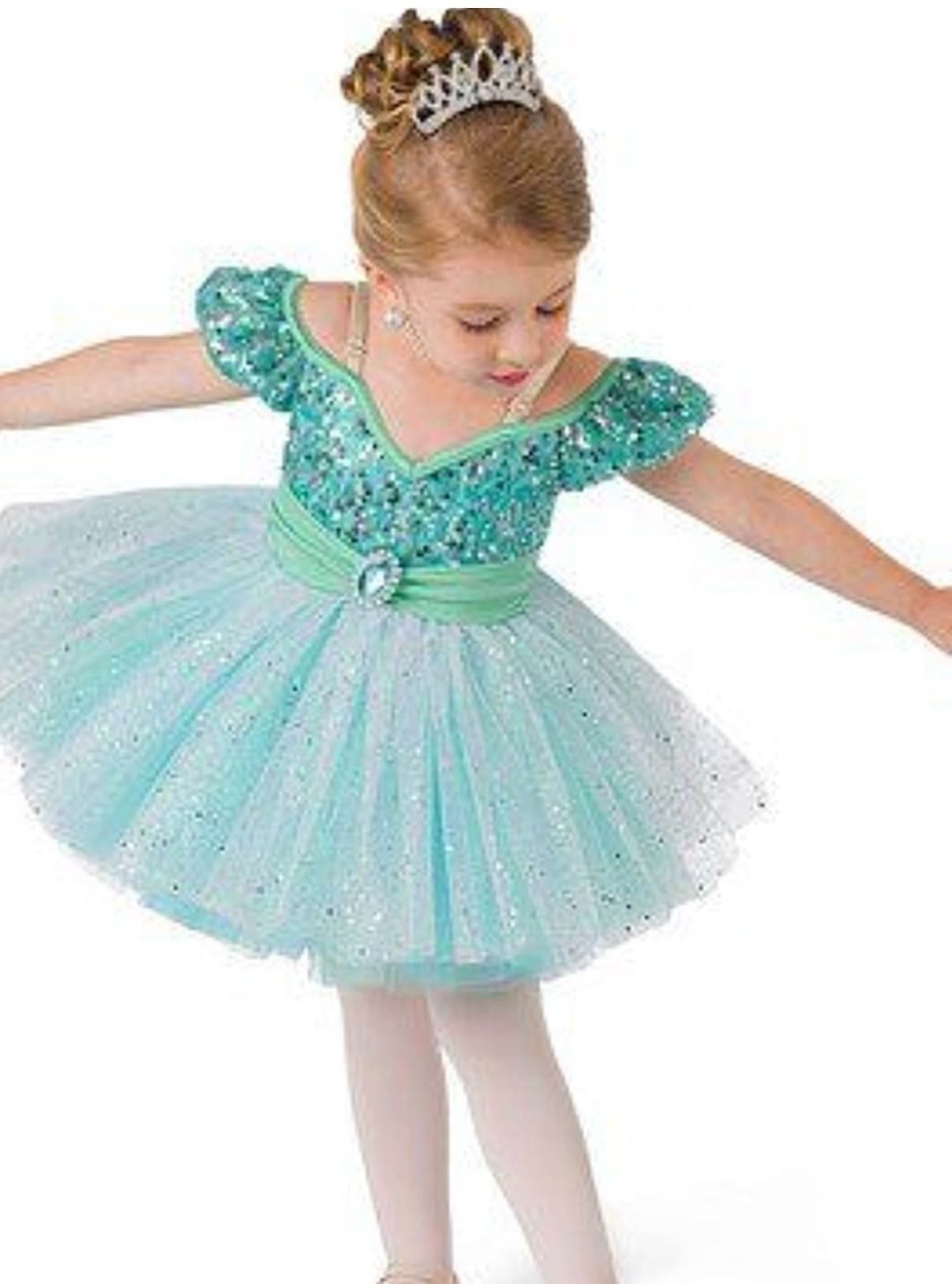 front view of Aqua Sequin Tulle Tutu Figure Skating Dress